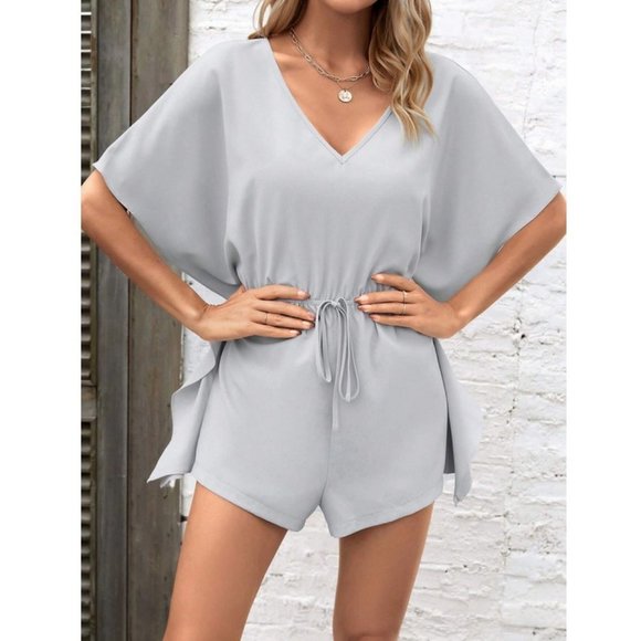 Batwing Sleeve Drawstring Waist Ruffle Trim Romper grey - Picture 2 of 6